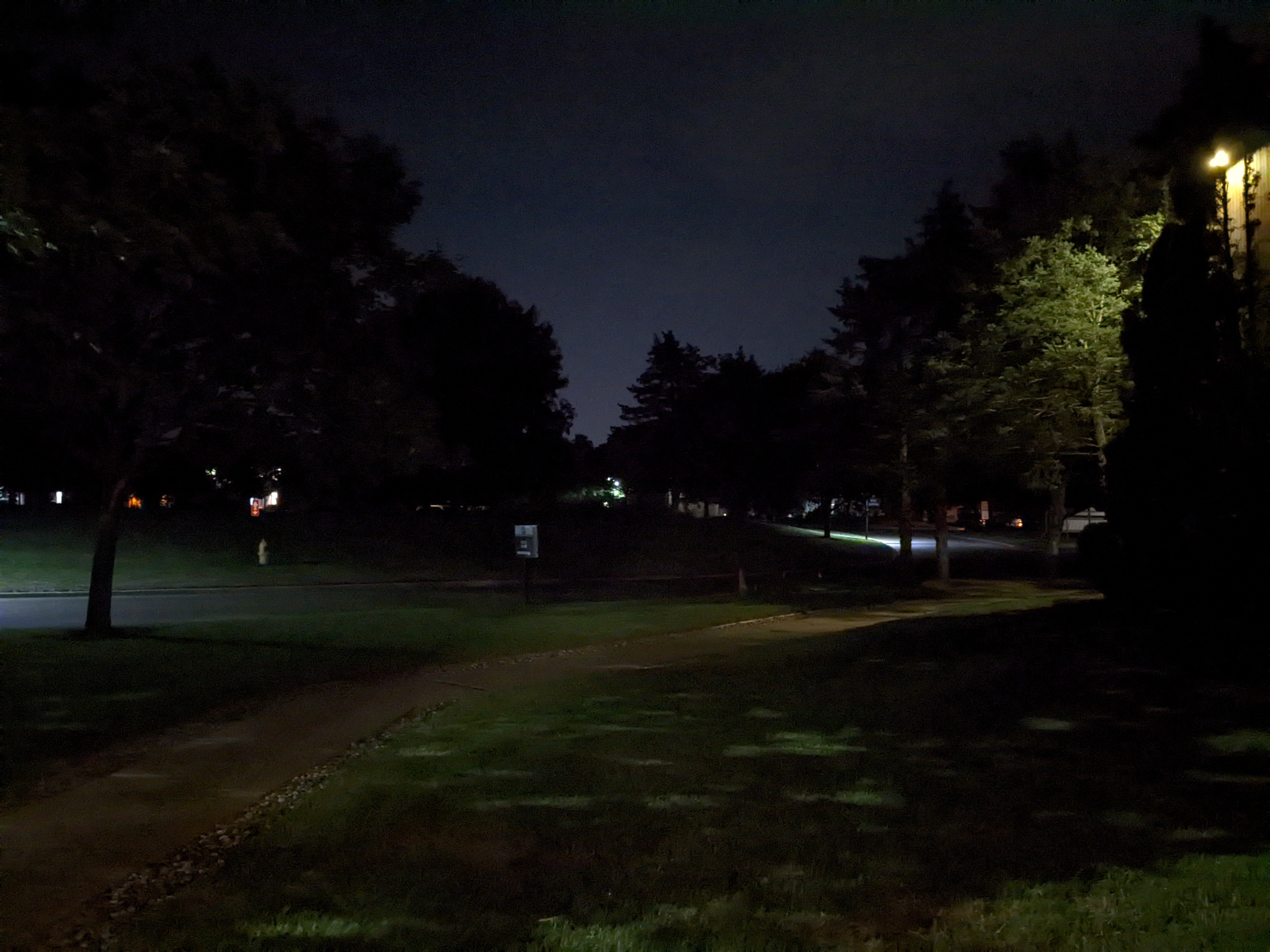 Sebuah foto yang sangat gelap di malam hari. Anda hampir tidak bisa melihat trotoar dan beberapa pohon.